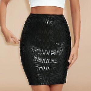 Black Metallic Leather Bandage Skirt Geometric Mini Bodycon High Waist Skirt S